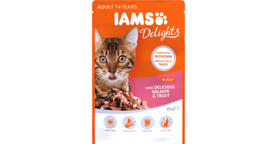IAMS Delights hrana za odrasle mačke, z lososom in postrvjo, v želeju, 24 x 85 g