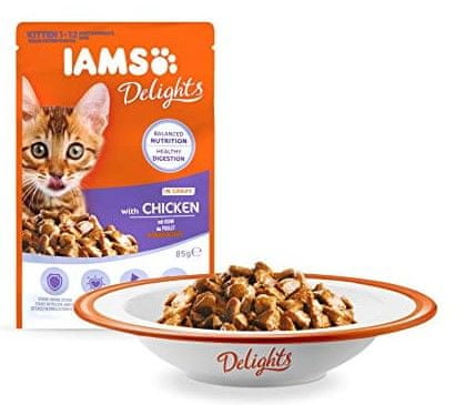 IAMS Delights hrana za mlade mačke, s piščancem, v omaki, 24 x 85 g