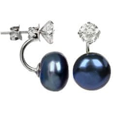 JwL Luxury Pearls Srebrni dvojni uhani s pravim modrim biserom in kristalom JL0225