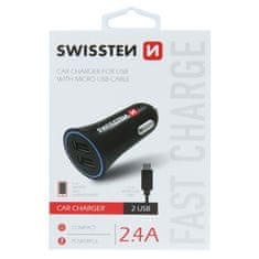 SWISSTEN CAR CHARGER 2,4A POWER z 2x USB + MICRO USB KABEL