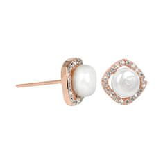 JwL Luxury Pearls Srebrni uhani rosegold z originalnim belim biserom in kristali JL0252