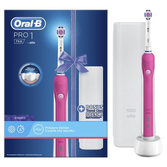 Oral-B električna zobna ščetka Pro 750 3DWhite Pink + potovalna torbica