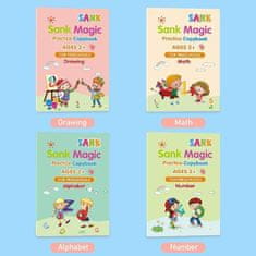 Netscroll Čarobno učenje z 4-delnim kompletom delovnih zvezkov za vadbo in učenje pisanja, risanja, matematike in angleške abecede z magičnim pisalom, ki se samodejno izbriše, za predšolske otroke, KidBook