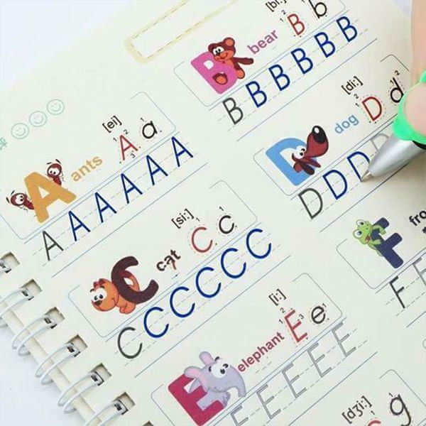 Netscroll Čarobno učenje z 4-delnim kompletom delovnih zvezkov za vadbo in učenje pisanja, risanja, matematike in angleške abecede z magičnim pisalom, ki se samodejno izbriše, za predšolske otroke, KidBook