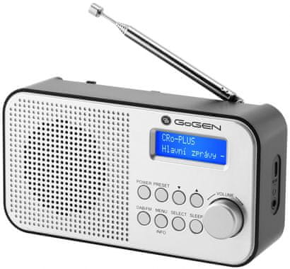 sodoben radio gogen dab 300 n dab fm dab plus sprejemnik moč zvočnika 1 w vgrajena baterija 2000 mah življenjska doba baterije do 15 h izhod za polnjenje slušalk teleskopska antena vgrajen nadzor velik modri lcd zaslon z osvetljeno osvetlitvijo