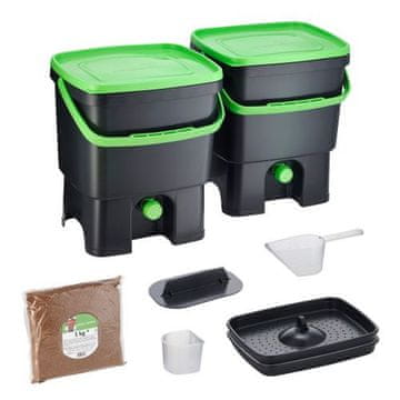 Skaza Bokashi Organko set kompostnikov, 2 x 16 l, črno-zelen + posip 1 kg