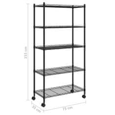 Vidaxl 5-nadstropni regal s kolesi 75x35x155 cm črn 250 kg