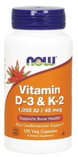 NOW Foods Vitamin D3 &amp; K2, 1000 IU / 45 ug, 120 rostlinných kapslí