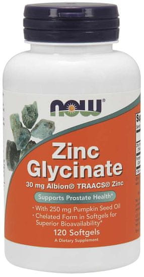 NOW Foods Cinkov glicinat (cinkov bisglicinat + bučno olje), 30 mg, 120 mehkih kapsul