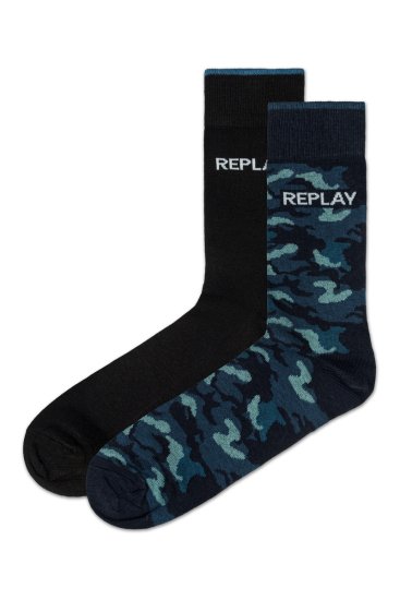 Replay Nogavice Casual Leg Logo&Camouflage 2Prs Banderole - Black/Camouflage Blue