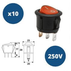 Handy 10x osvetljeno preklopno vgradno stikalo, 6 A - 250 V, ON - OFF, rdeča luč