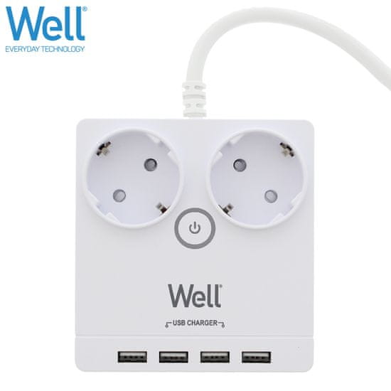 Well EXTS-2S3M podaljšek s prenapetostno zaščito, 2x vtičnica 230V + 4x USB, 16A, 3680W, 3m