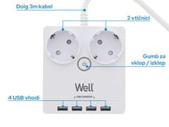 Well EXTS-2S3M podaljšek s prenapetostno zaščito, 2x vtičnica 230V + 4x USB, 16A, 3680W, 3m