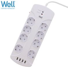 Well EXTS-8S3M podaljšek s prenapetostno zaščito, 8x vtičnica 230V + 4x USB, 16A, 3680W, 3m