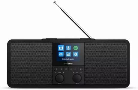 sodobni brezžični radio philips tar8805 dab fm radio internet radio bluetooth tehnologija usb polnjenje qi brezžično polnjenje ura budilka časovnik izklop čist zvok moč 6 vatov skupno omrežno napajanje barvni tft zaslon