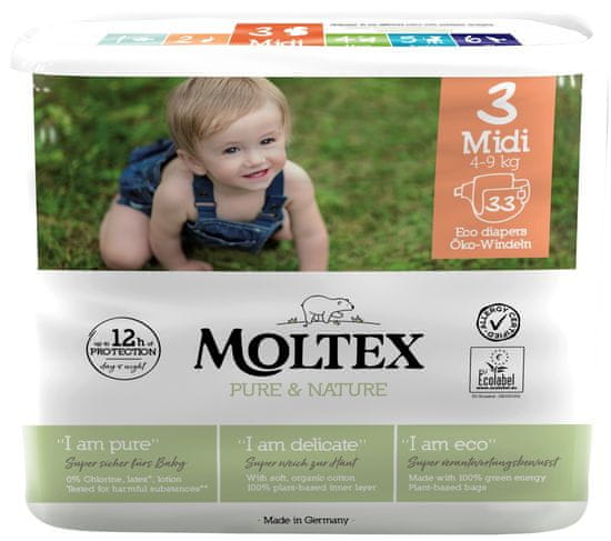 MOLTEX plenice Pure & Nature Midi 4-9 kg, ekonomično pakiranje, 4 x 33 kosov