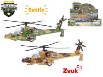 Vojaški helikopter Mission Control 20 cm, kovinski, na baterije + svetloba in zvok - mešanica barv (rjava, zelena)