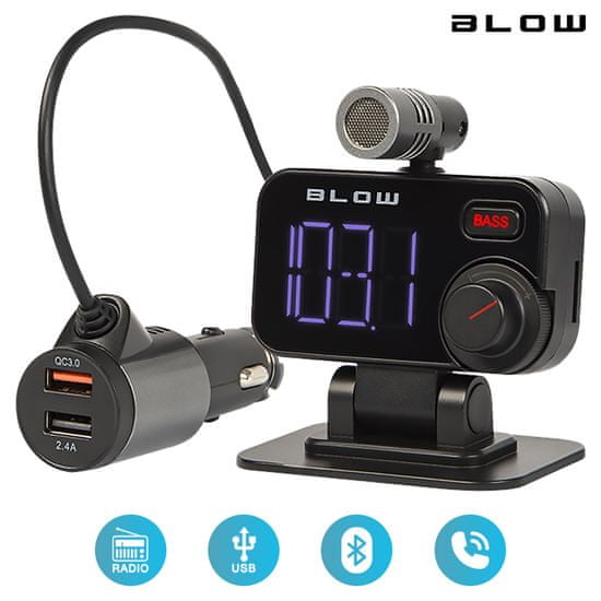 Blow BLOW 74-159 FM oddajnik, Bluetooth 5.0+polnilec+prostoročno telefoniranje+mikrofon, Super BASS