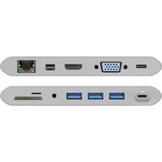 Goobay USB-C / RJ45 + HDMI + VGA + miniDP + 3x USB3.0 + 3,5mm + SD reža, multi-adapter, srebrn