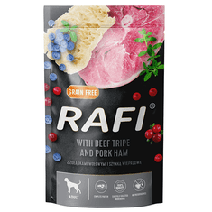 RAFI Mokra pasja hrana goveji želodci s šunko, borovnice in brusnice 500 g vrečka