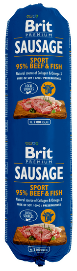 Brit salama za pse Sausage Sport, govedina in ribe, 12 x 800 g