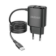 DUDAO A2Pro polnilnik 2x USB + vstavaný USB-C kabel 12W, črna
