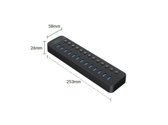 Orico USB hub, 13 vhodov, USB 3.0, s stikali, zunanje napajanje, črn (CT2U3-13AB)