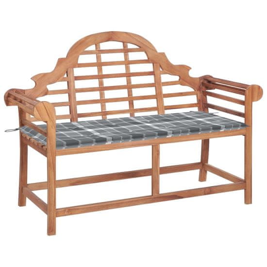 Greatstore Vrtna klop s sivo karo blazino 120 cm trdna tikovina
