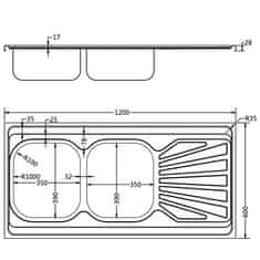 shumee Dvojno kuhinjsko pomivalno korito srebrno 1200x600x155 mm