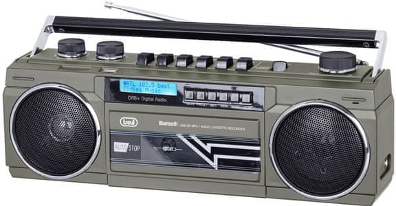 lep retro radio kasetofon Trevi RR 511 DAB bluetooth mikrofon izhod za slušalke sd kartica usb vhod zvočniki delovanje na baterije funkcija autostop