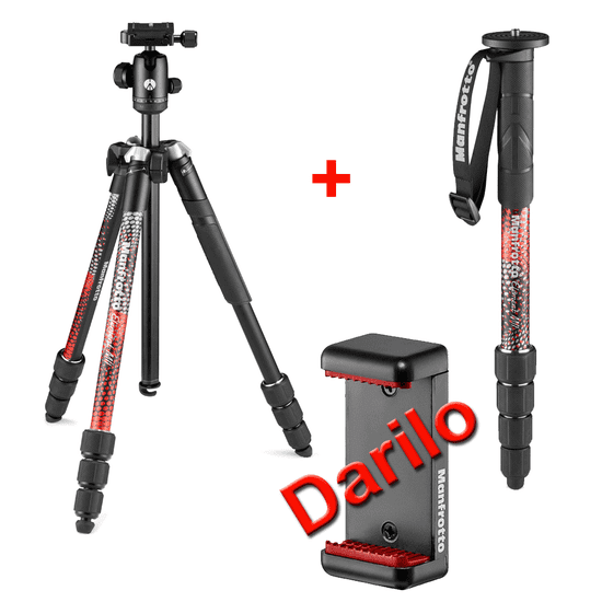 Manfrotto Komplet Aluminijasto stojalo Element MII s krogljično glavo (MKELMII4RD-BH) + Monopod Element MII + DARILO nosilec za telefon (MCLAMP)