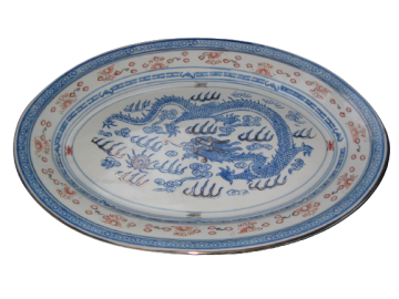 Krožnik, oval , rižev porcelan, zmaj moder, rob zlate barve, set 1-3, cca 36 cm dolžine