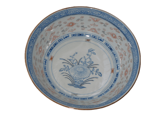 skleda za solato, sadje, riž , rižev porcelan, roža moder, rob zlate barve, set 1-2, cca 22 cm premera