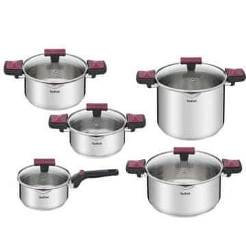 Tefal Cook&Clip 10-delni komplet posode posode,ročaji z zaklepom za lažje odlivanje, nerjaveče jeklo