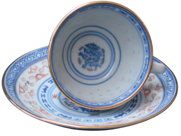 Skodelica za čaj, kavo z krožničkom , set 1/6, rižev porcelan, dekor zmaj, moder, zlati rob