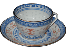Skodelica za čaj, kavo z krožničkom , set 1/6, rižev porcelan, dekor zmaj, moder, zlati rob