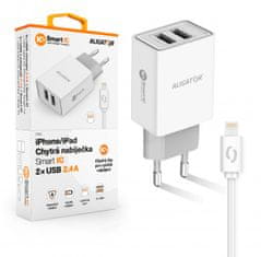 Aligator Pametni omrežni polnilec 2,4A, 2xUSB, pametni IC, bel, kabel USB za iPhone/iPad