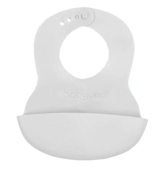 BabyOno Mehak plastični slinček z žepom brez BPA svetlo siv 6m+