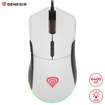 Genesis Krypton 290, gaming optična miška, RGB osvetlitev, 7 prog. tipk, 6.400dpi, spomin, aplikacija, bela/črna