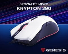 Genesis Krypton 290, gaming optična miška, RGB osvetlitev, 7 prog. tipk, 6.400dpi, spomin, aplikacija, bela/črna