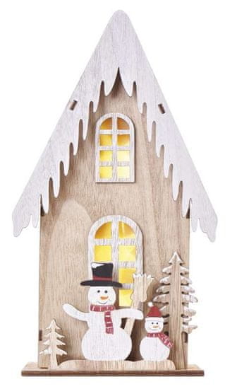 Emos LED lesena dekoracija Hiša s snežaki, 28,5 cm, 2x AA, notranja, toplo bela, s časovnikom