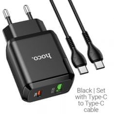 Hoco N5 pametni hišni polnilec, 20W, z 3,0 QC, z 1 x USB C in 1 x USB vtičem in s polnilnim kablom Type C - Type C, črn