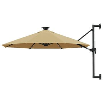 Vidaxl Stenski senčnik z LED in kovinskim drogom 300 cm taupe
