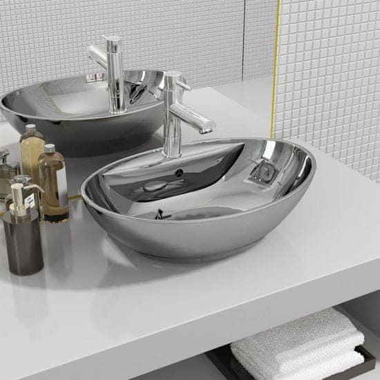 Vidaxl Umivalnik z odprtino za odtekanje 58,5x39x21cm keramičen srebrn