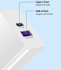 En-TRON USB + Type-C hitri stenski polnilec, 100-240V, QC3.0/SCP + PD 20W, bel