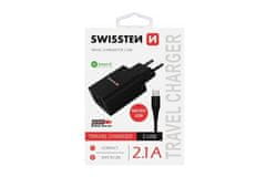 SWISSTEN Napajalnik s kablom mikro USB, 2x USB, 2,1 A, črn