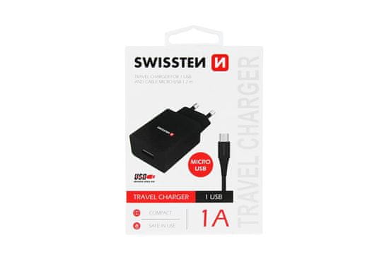 SWISSTEN Napajalnik 1 A + kabel micro USB, črn
