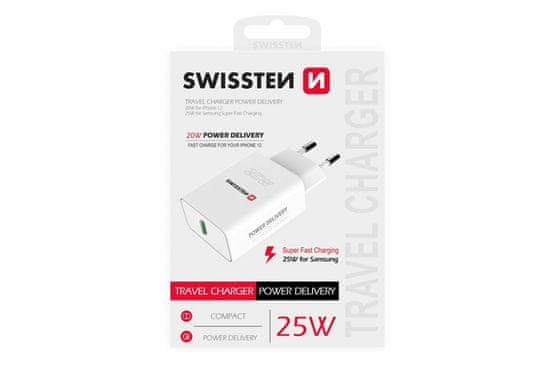 SWISSTEN Napajalnik Power Delivery, 25 W, za iPhone in Samsung, bel