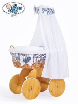 Greatstore Košara Moses z baldahinom Marina natural + bela in mornarska posteljnina