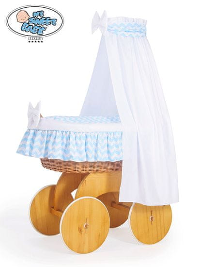 Greatstore Košara Moses z baldahinom Hannah natural + bela in modra posteljnina